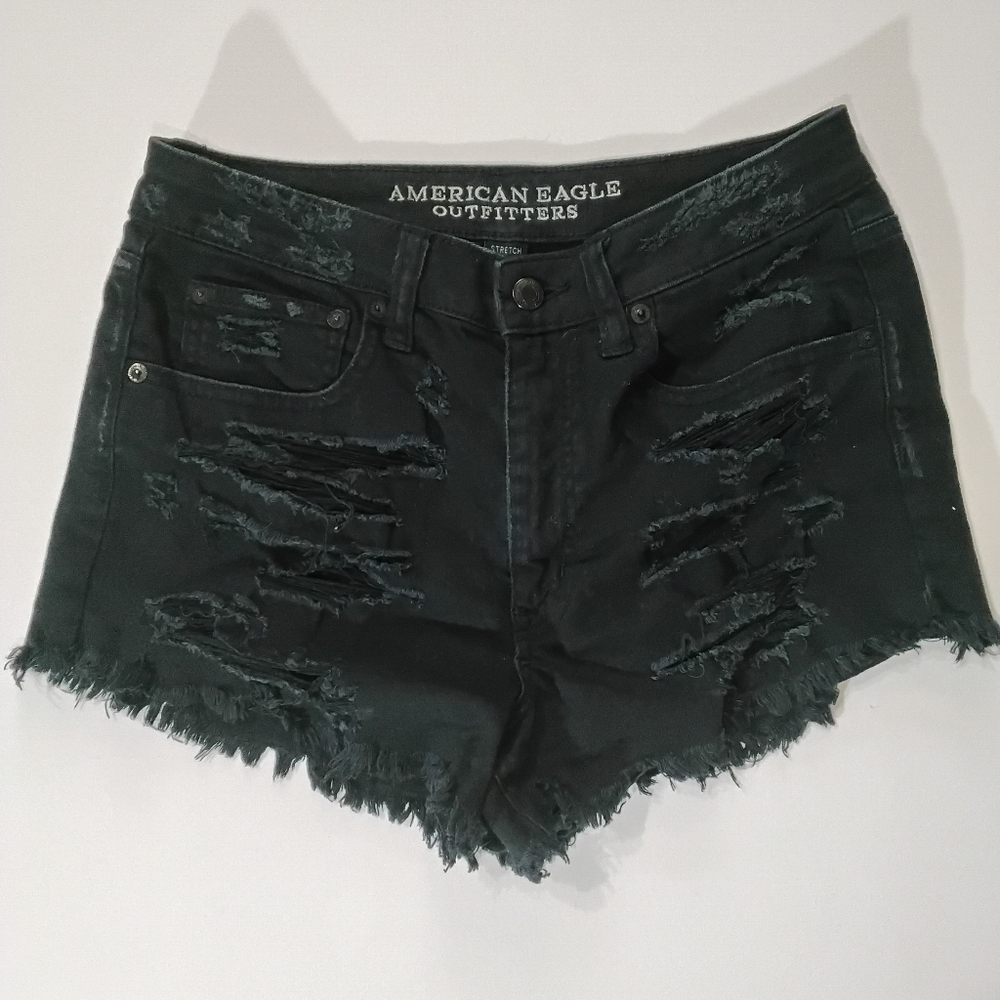American Eagle Vintage High‎ Rise Festival Jean Shorts Womens 6 Black Distressed